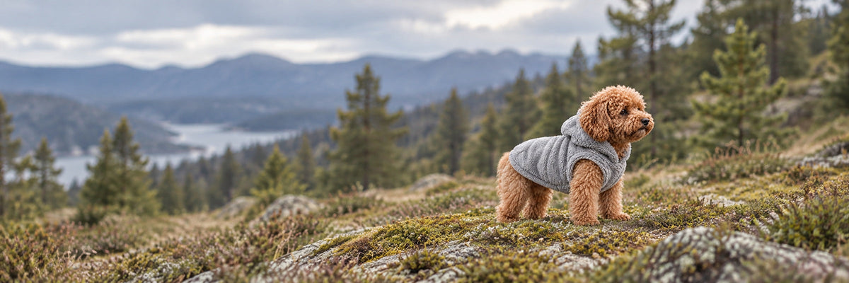 Apricot cavoodle wearing a grey Plush Fleece Dog Hoodie at a mossy forest edge.