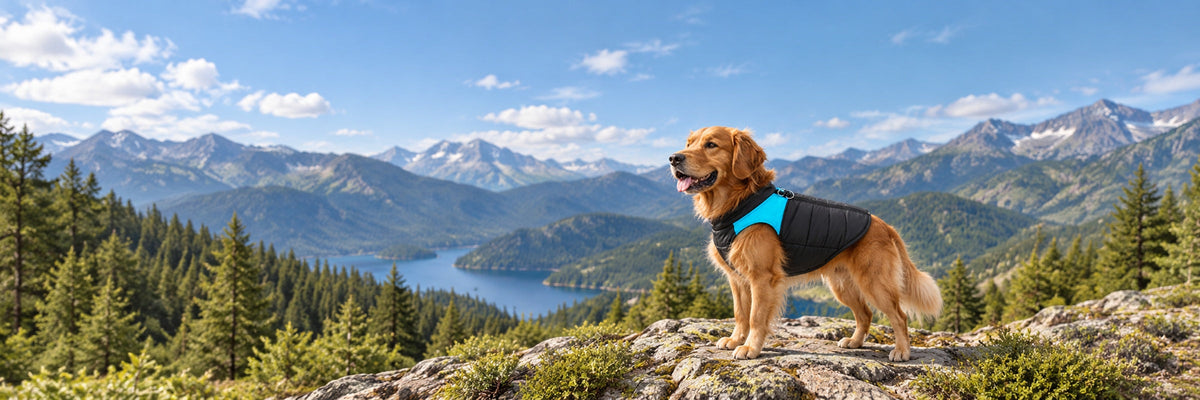 Golden retriever wearing a blue and black Waterproof Padded Dog Vest on a mountain trail.
