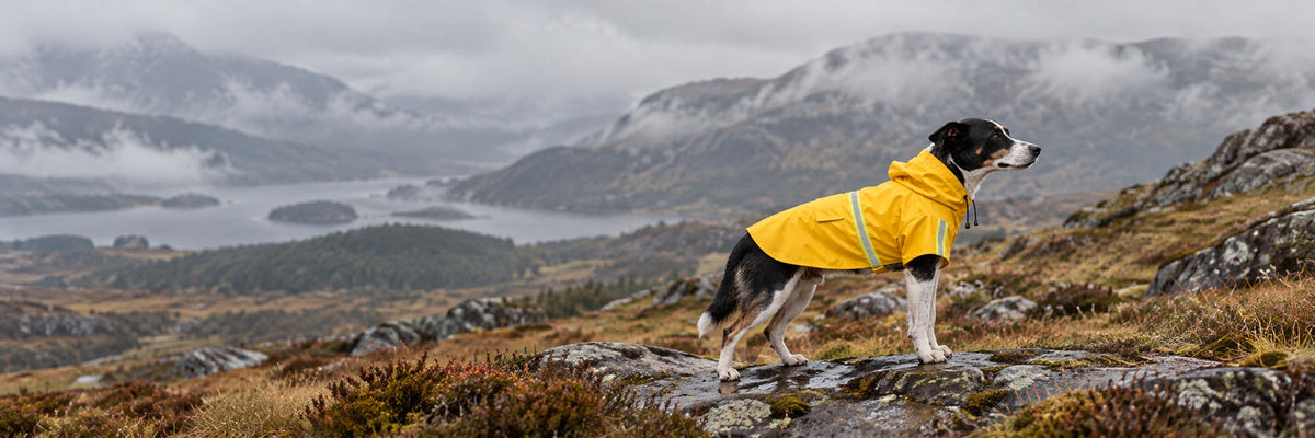 Black-and-white dog wearing a yellow reflective hooded raincoat on a wet, overcast hillside.