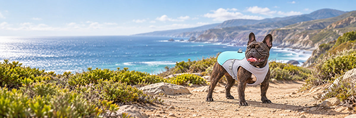 Brindle French bulldog wearing a blue cooling vest with a lead clip on a sunny coastal walking track.