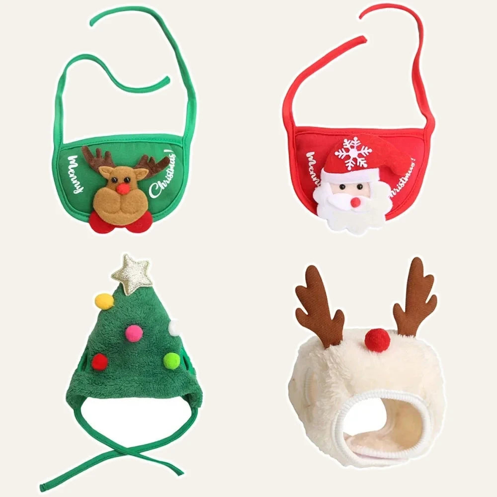 Christmas dog hats and bibs in the available festive designs