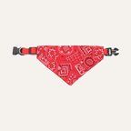 Red adjustable dog bandana showing its original paisley print, buckle and D-ring