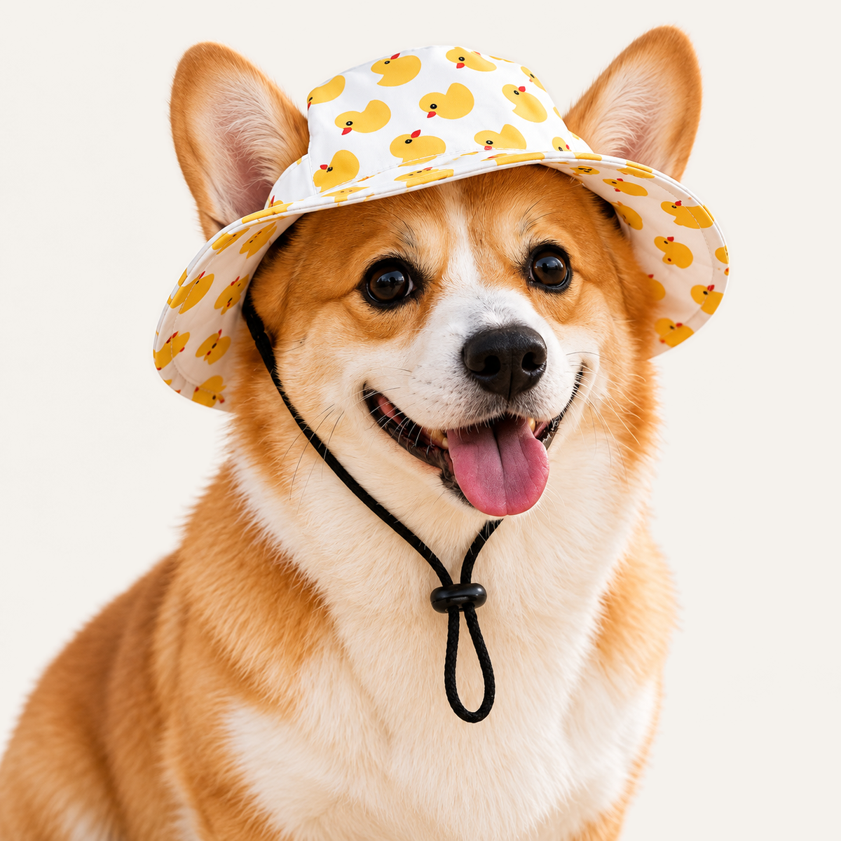 Corgi wearing the yellow duck print adjustable sun hat