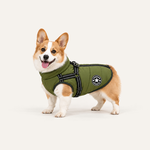 All-Weather Dog Jacket with Built-In Harness in green worn by a corgi