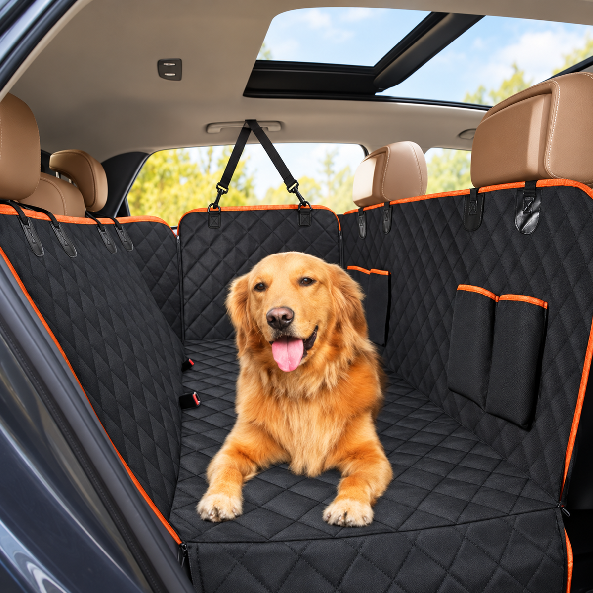 Golden retriever resting on the black quilted hammock in a beige car interior