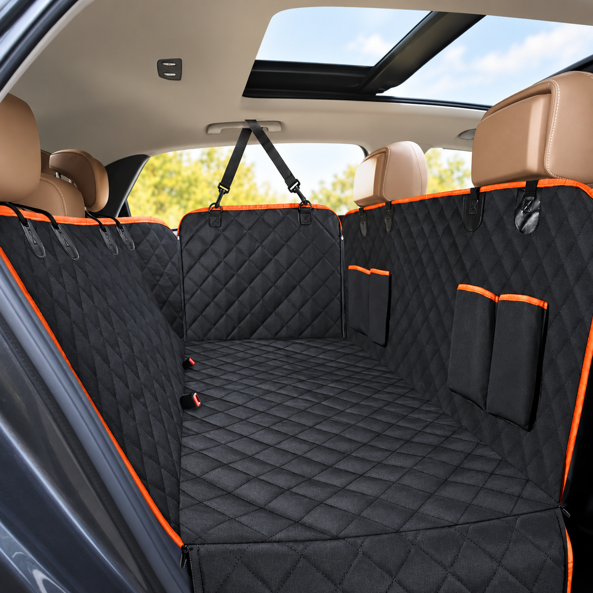 Black quilted dog car seat hammock installed across the rear seats