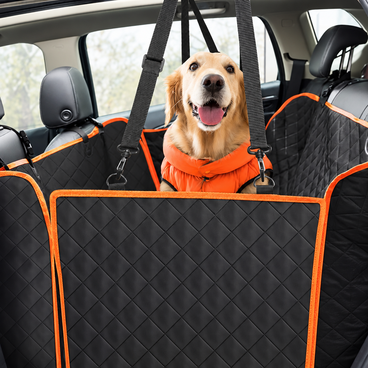 Golden retriever sitting behind the car seat hammock front panel