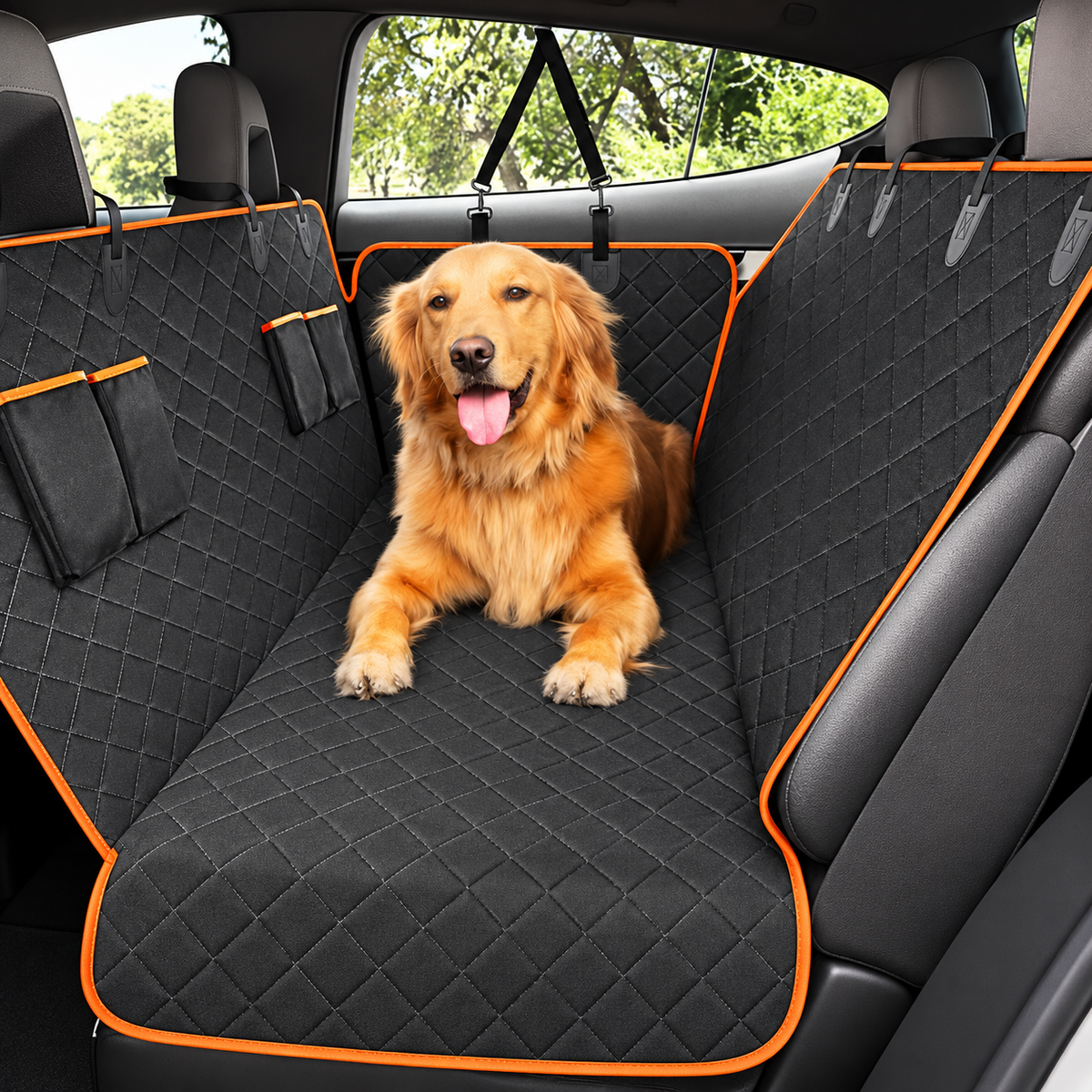 Dog car seat hammock showing raised side flaps and orange trim