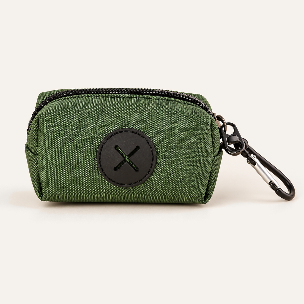 Army green dog poop bag holder with black zip, dispensing opening and clip