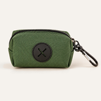 Army green dog poop bag holder with black zip, dispensing opening and clip