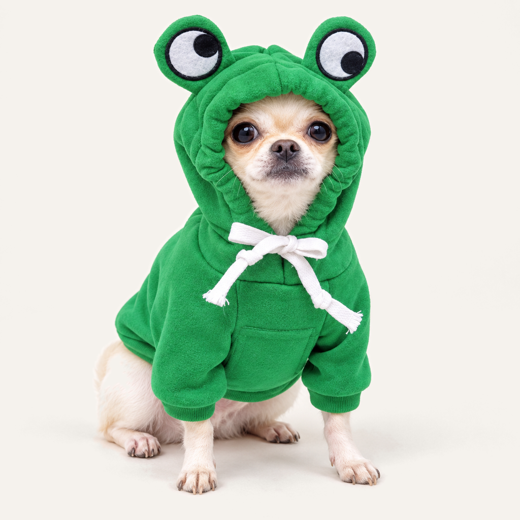 Cream Chihuahua wearing the green frog hoodie