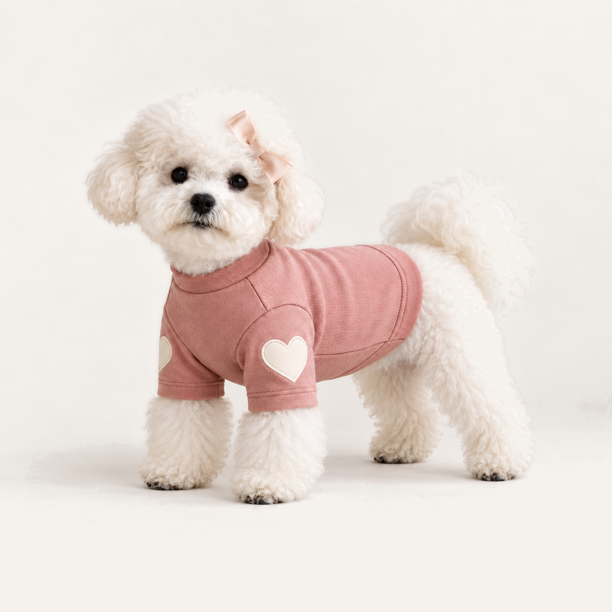 Heart Patch Dog Sweatshirt worn by a dog on a warm neutral studio background