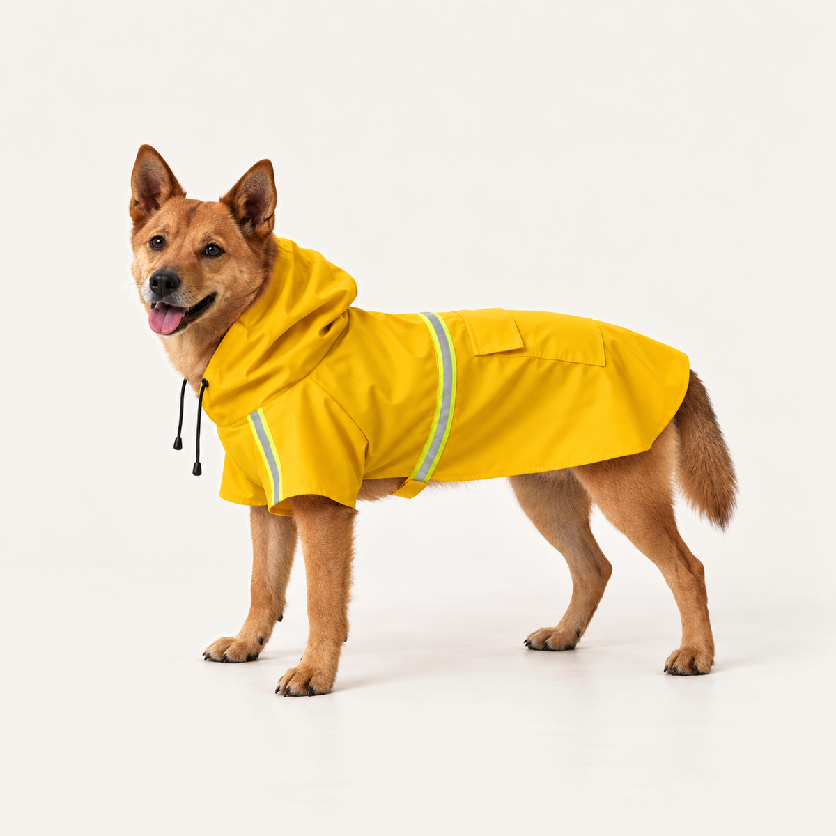 Hooded Cloak Raincoat for Large Dogs worn by a dog on a warm neutral studio background