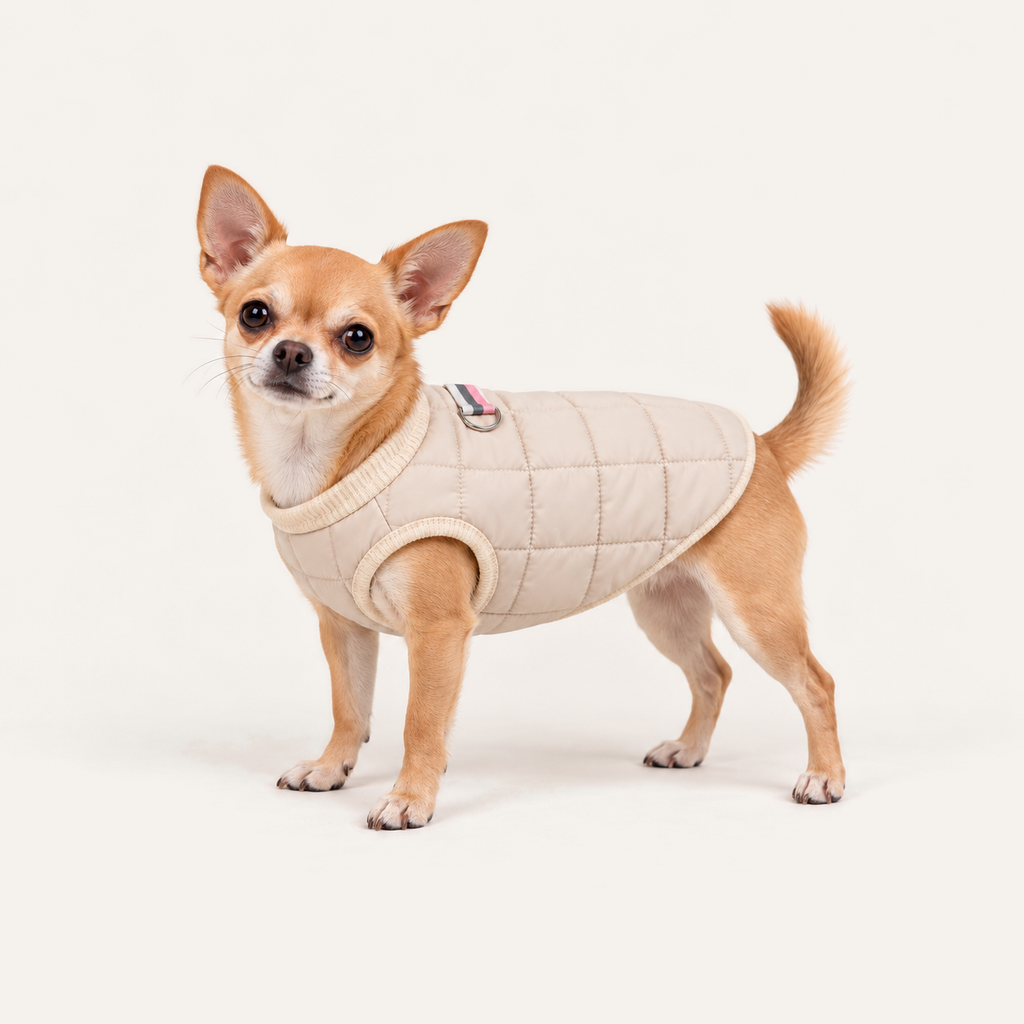 Quilted Puffer Dog Vest worn by a dog on a warm neutral studio background