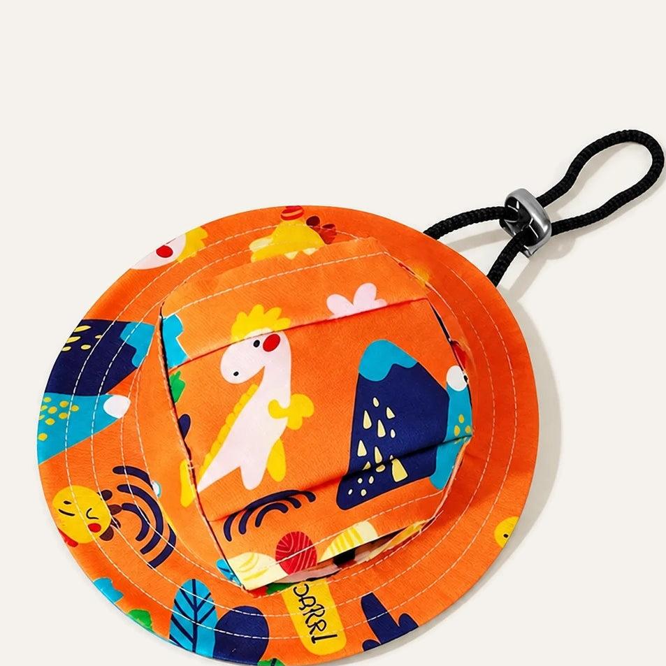 Adjustable Dog Sun Hat in Orange Dinosaur